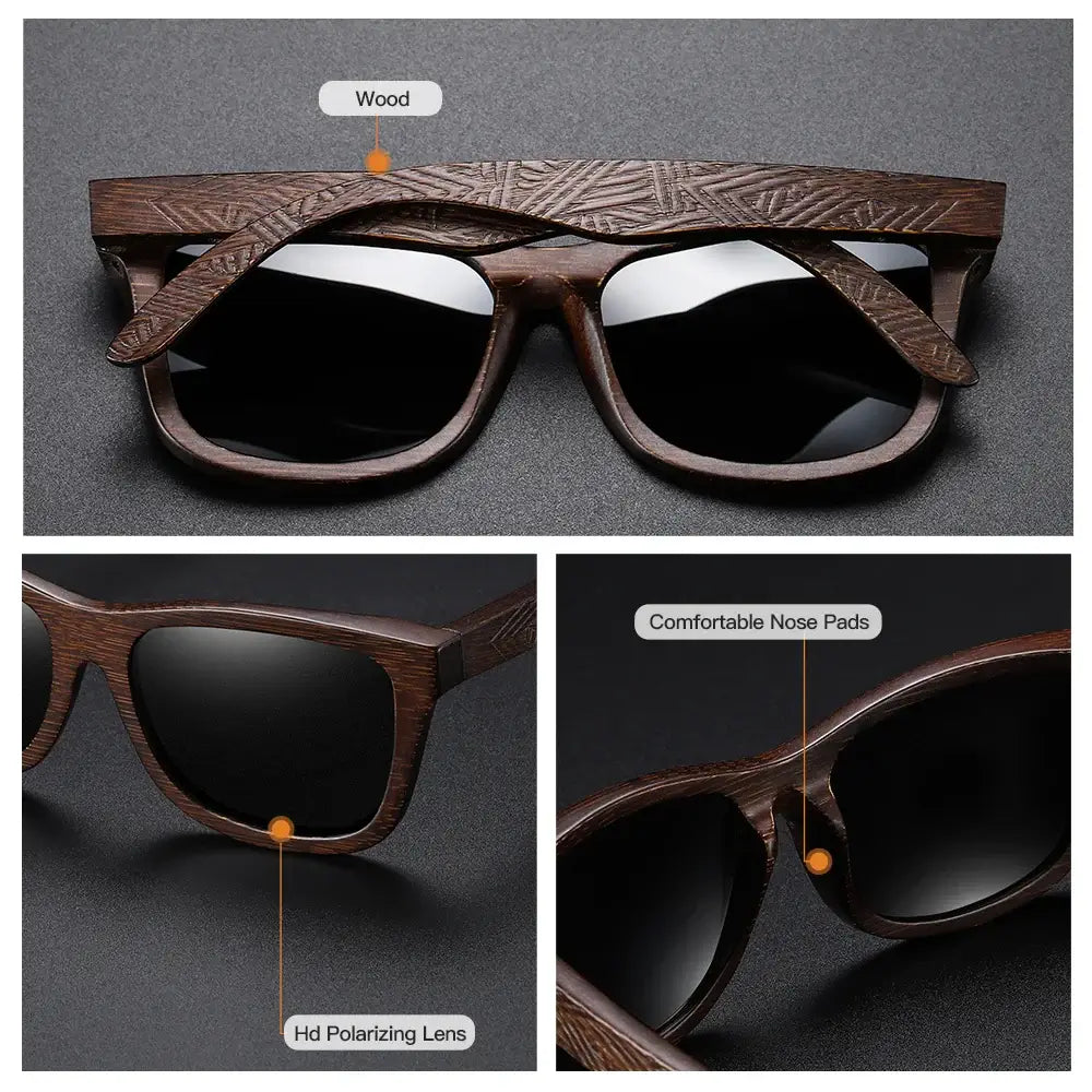 Sunglasses Bamboo with wood design, HD polarized lenses, and comfortable nose pads for outdoor use.
