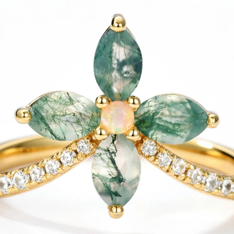 S925 Sterling Silver Green Moss Agate Ring