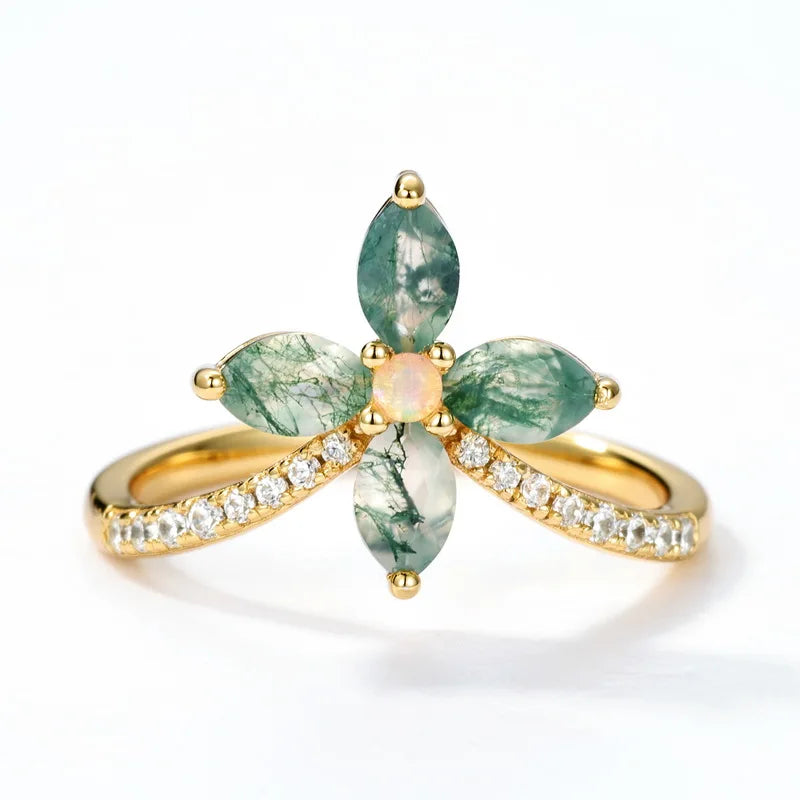S925 Sterling Silver Green Moss Agate Ring