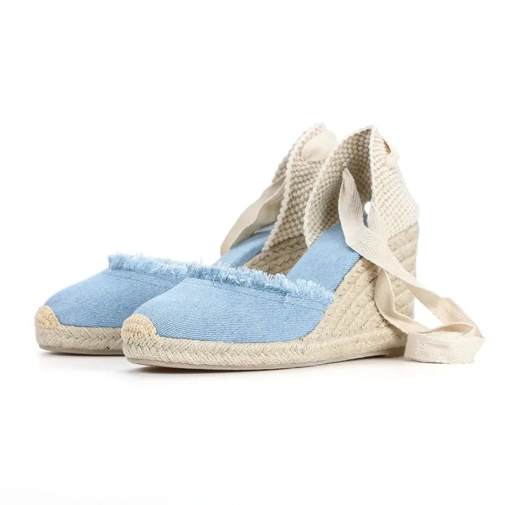 Women's Denim Espadrilles with ankle strap and wedge heel, perfect for casual occasions.
