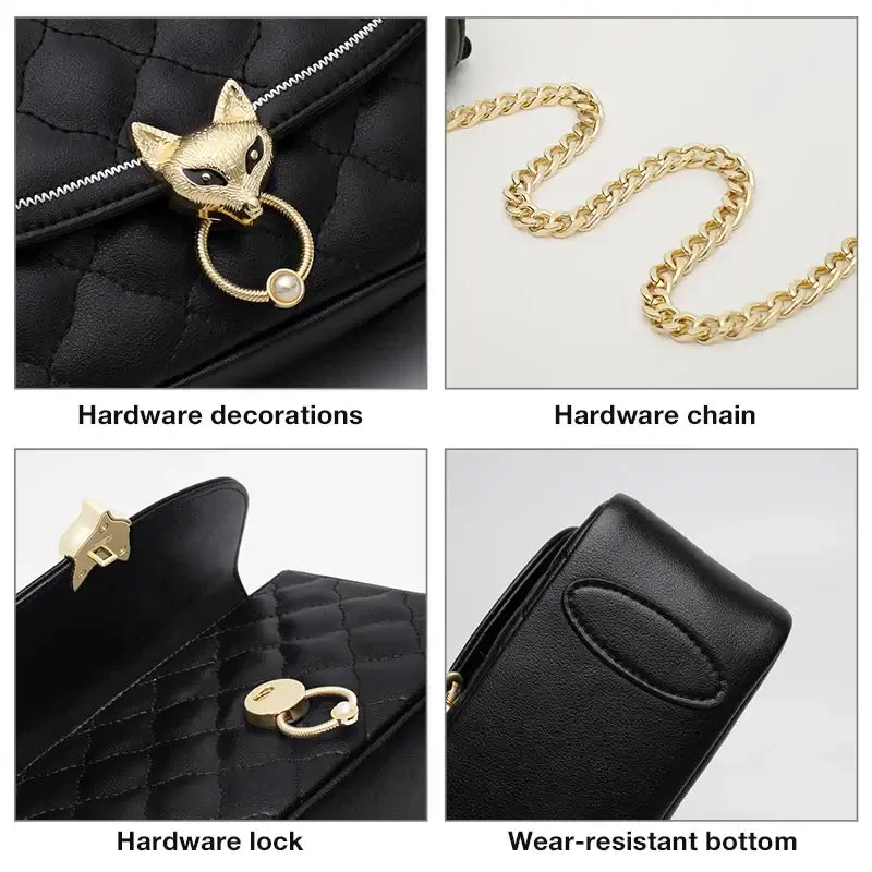 Leather Crossbody Bag showcasing hardware decorations, chain, lock, and wear-resistant bottom.