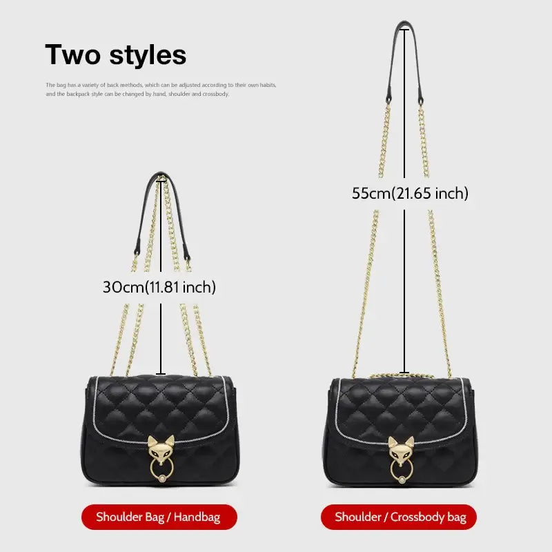 Leather Crossbody Bag available in two styles, shoulder bag and handbag, showcasing adjustable chain strap lengths.