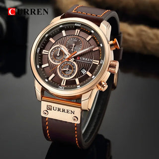 Luxury Chronograph Mens Watch with a stylish brown leather band and three chronograph sub-dials.