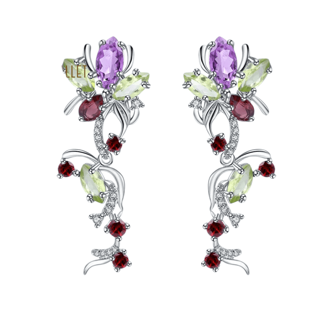 Pendientes colgantes de flores con piedras de granate