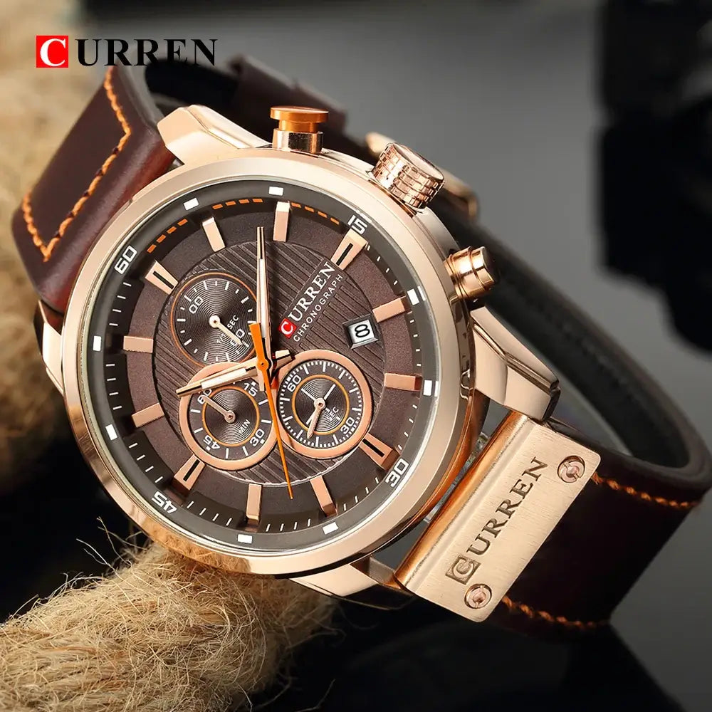 Luxury Chronograph Mens Watch in brown leather band with gold accents and chronograph features.