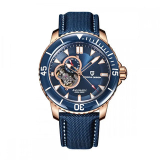 Mens Wristwatch Waterproof with blue dial and nylon strap, showcasing automatic movement and stylish design.