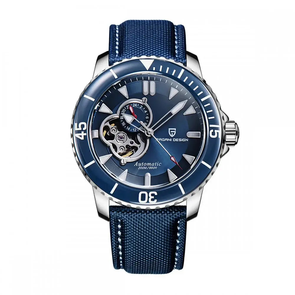 Men's Wristwatch Waterproof featuring a blue dial and nylon strap, ideal for diving and everyday wear.