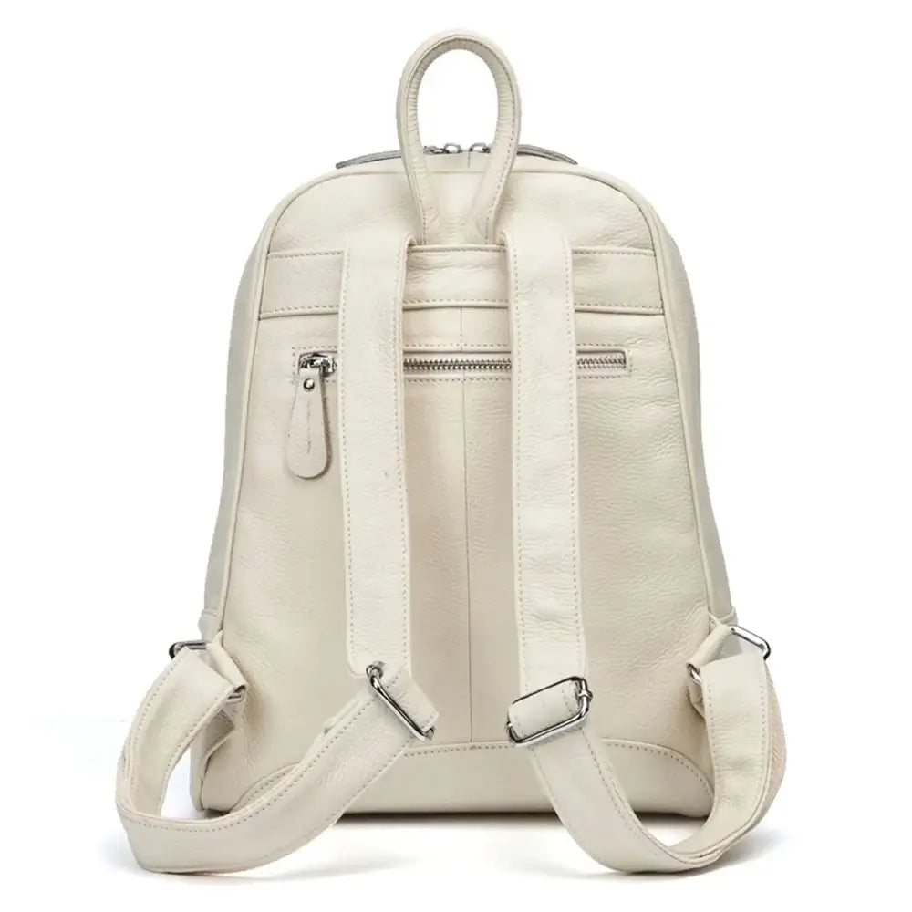 Handmade genuine leather backpack, lightweight cream softback design with practical features.