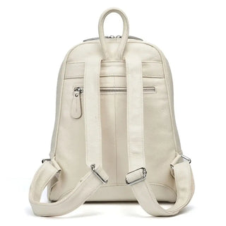 Handmade genuine leather backpack, lightweight cream softback design with practical features.
