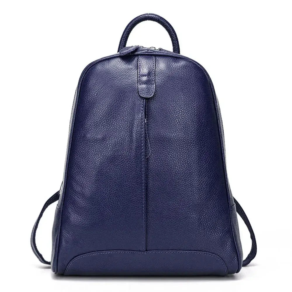 Handmade genuine leather backpack in navy blue, stylish and lightweight for women, perfect for everyday use.