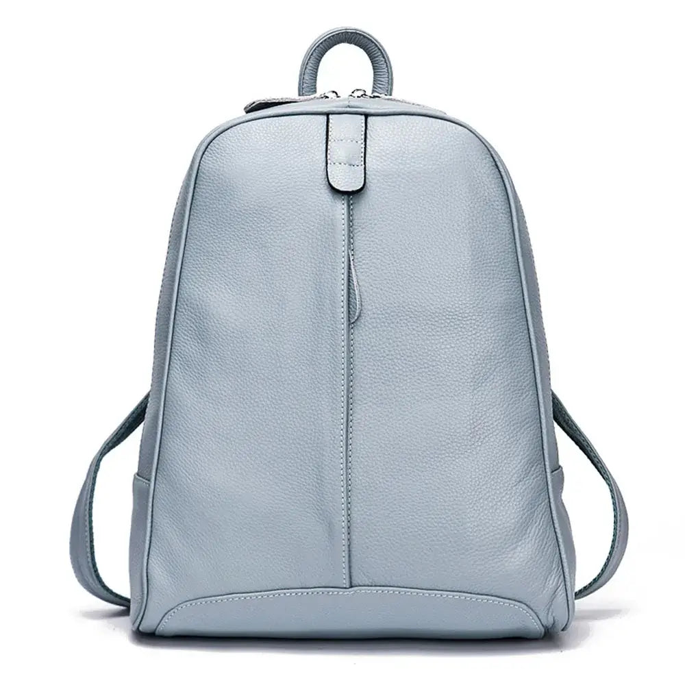 Light blue handmade genuine leather backpack with softback design, stylish and practical for everyday use.