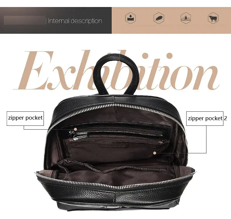 Black handmade genuine leather backpack showcasing interior with zipper pockets for organized storage.