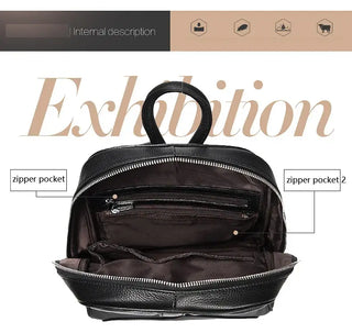 Black handmade genuine leather backpack showcasing interior with zipper pockets for organized storage.