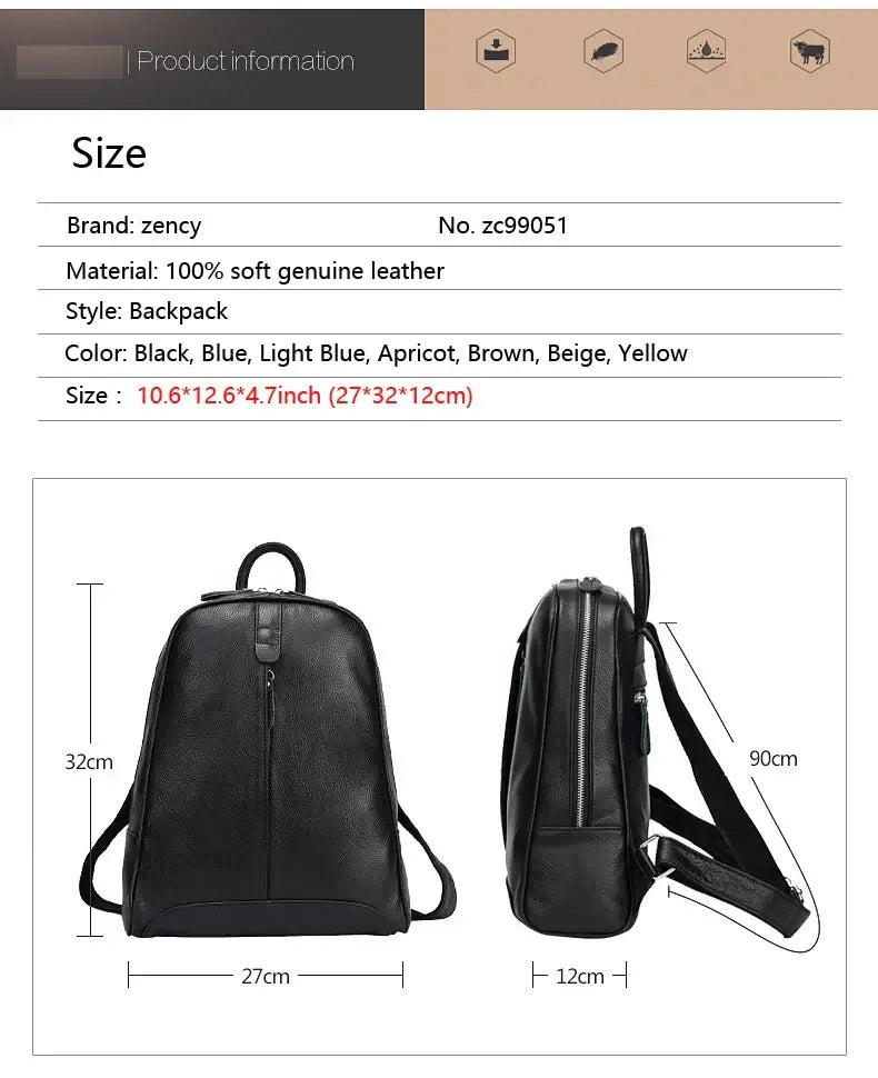 Black genuine leather backpack, lightweight and stylish, perfect for daily use.