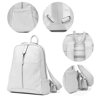 Lightweight white handmade genuine leather backpack showcasing detailed zippered compartments and adjustable straps.