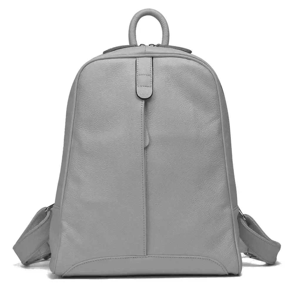 Handmade grey genuine leather backpack, lightweight design for women, stylish and practical daily use.