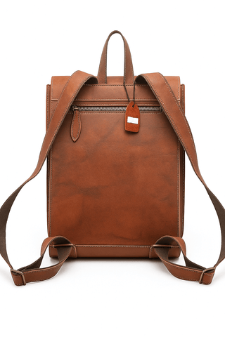 Handmade genuine leather backpack in rich brown color, softback design, perfect for work or travel.