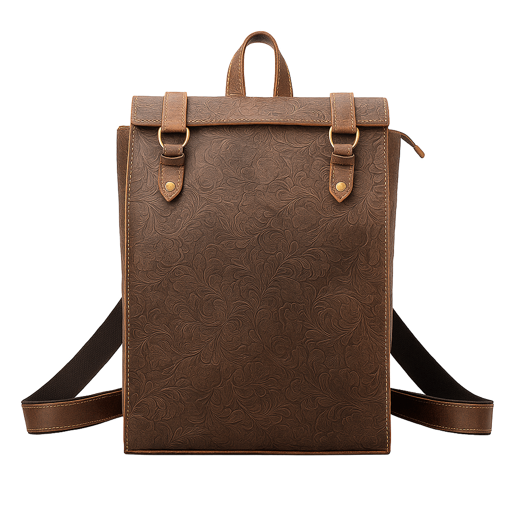 Handmade genuine leather backpack in brown, embossed texture, unisex softback design for style and comfort.