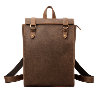 Handmade genuine leather backpack in brown, embossed texture, unisex softback design for style and comfort.