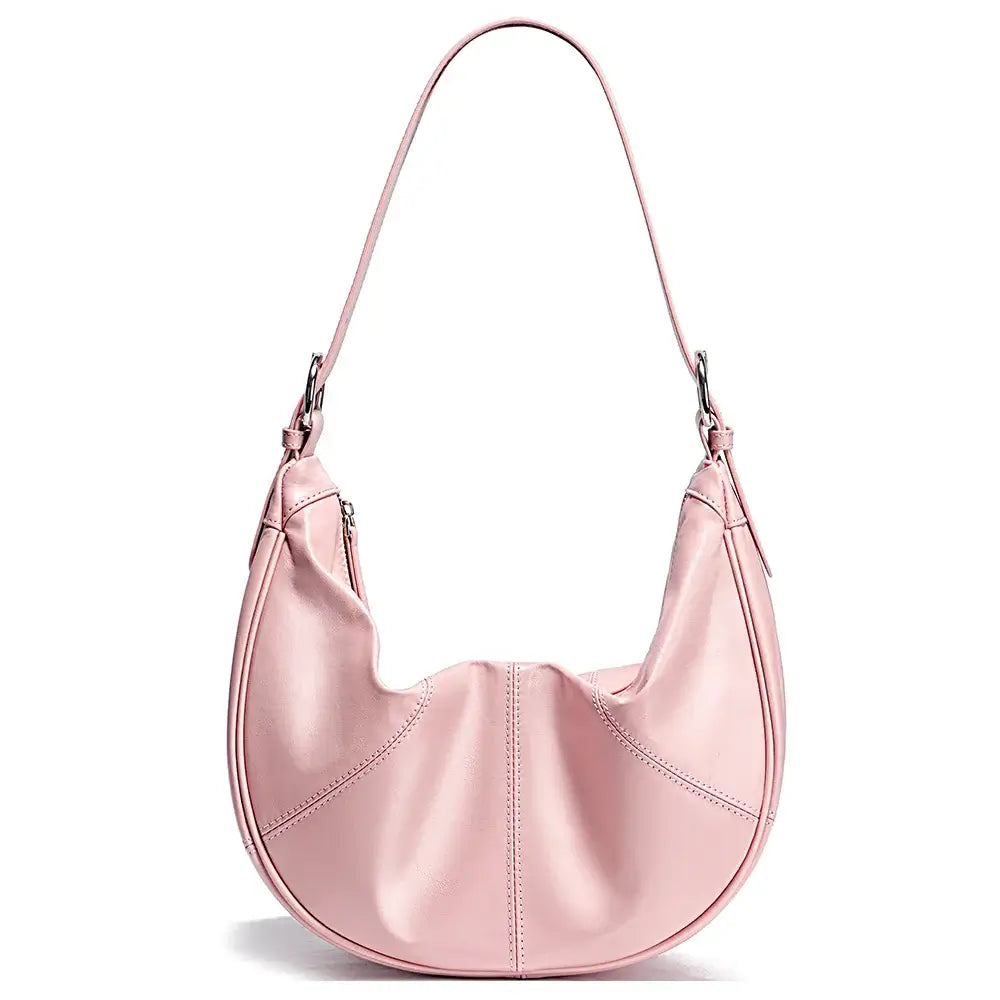 Handmade pink leather hobo shoulder bag, soft and stylish for women, perfect for daily essentials.