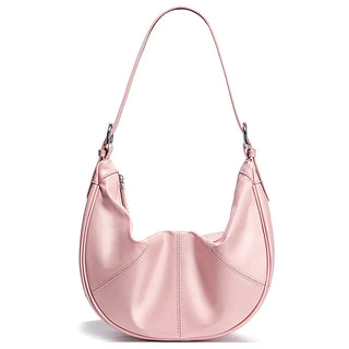 Handmade pink leather hobo shoulder bag, soft and stylish for women, perfect for daily essentials.