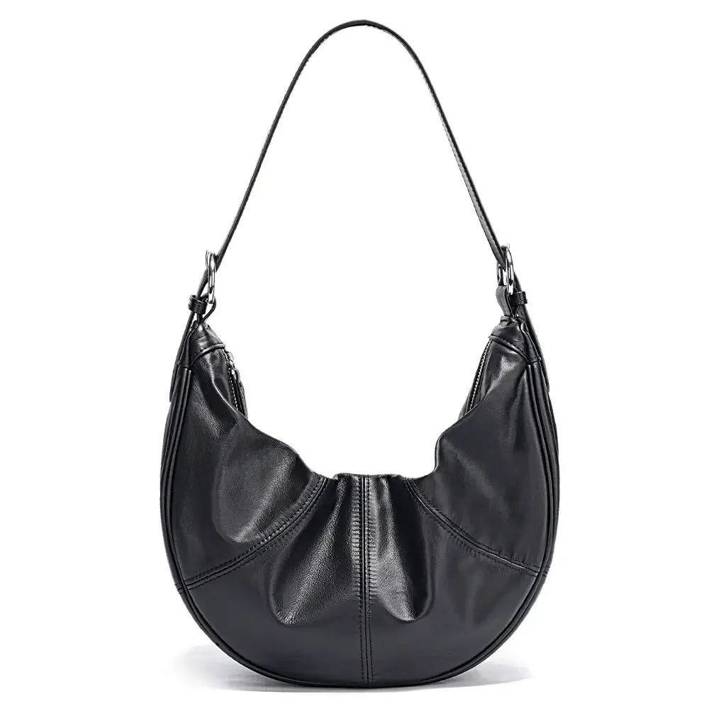 Black handmade genuine leather hobo shoulder bag for women, stylish and spacious everyday accessory.