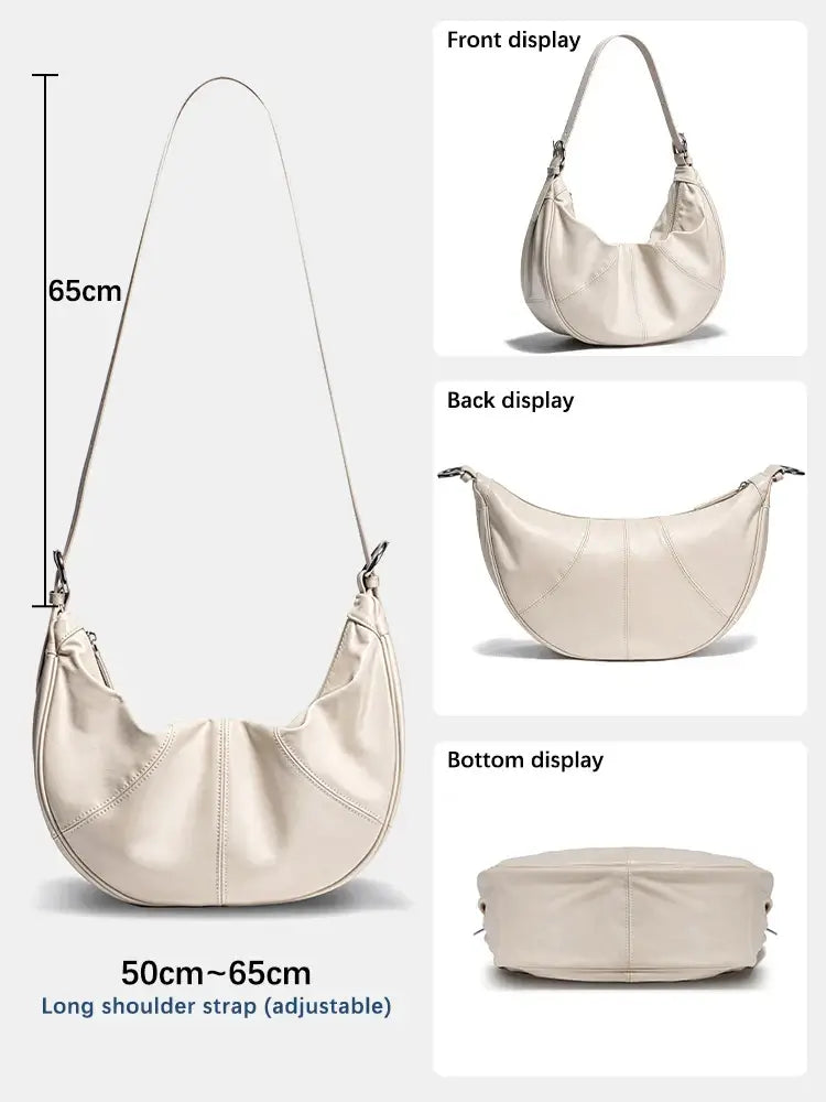 Handmade women's genuine leather hobo shoulder bag in cream with adjustable long strap and multiple display angles.