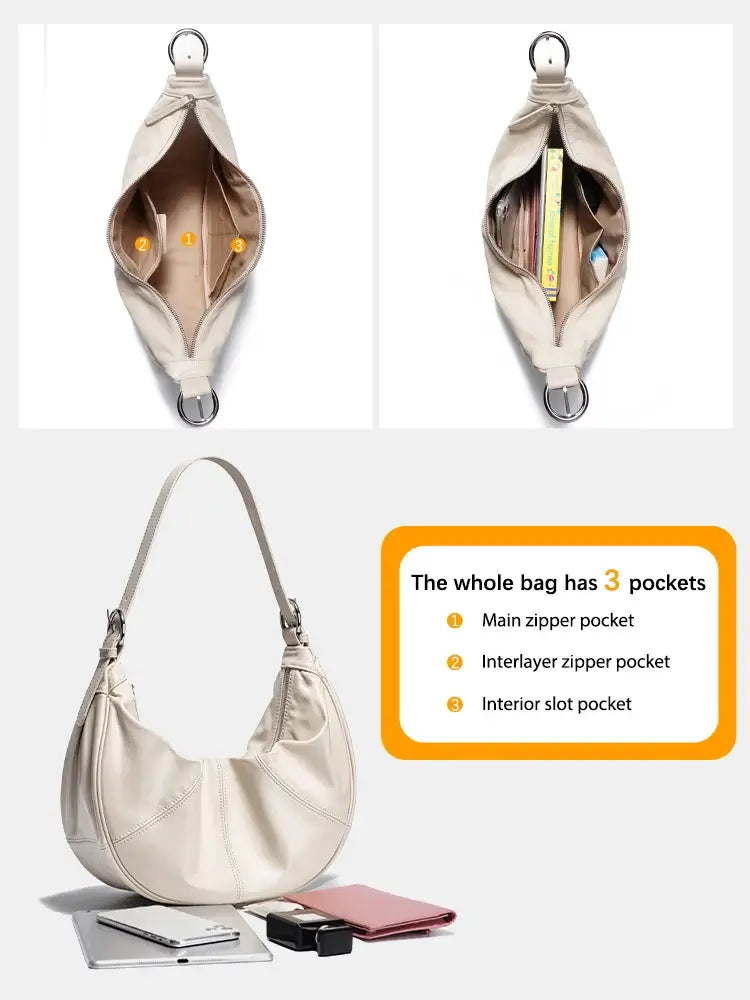 Handmade women’s genuine leather hobo shoulder bag in beige with three functional pockets for everyday essentials.
