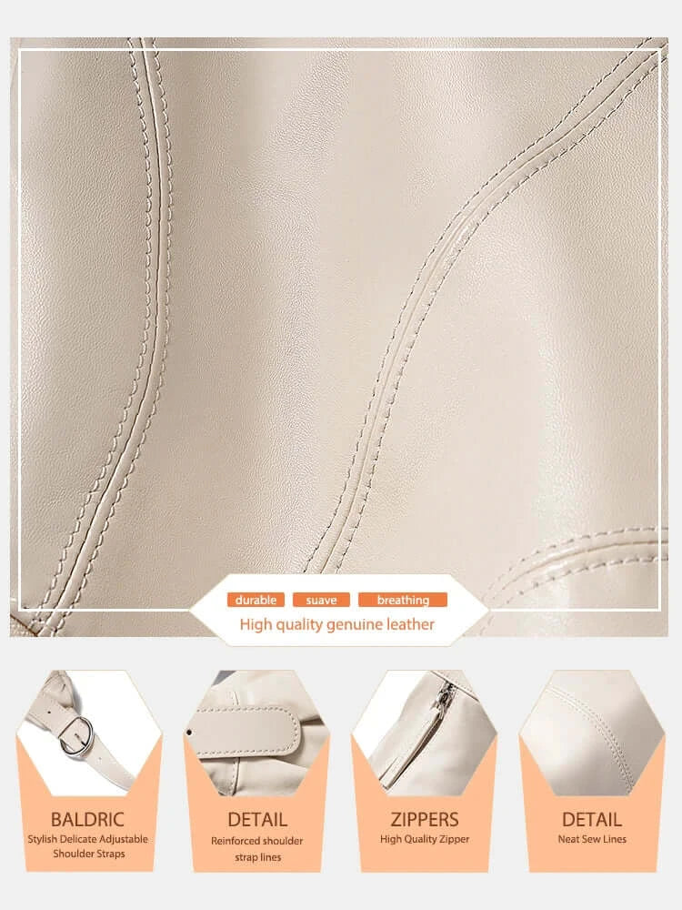 Close-up of beige handmade women's genuine leather with detailed stitching and zippers for stylish hobo shoulder bag.