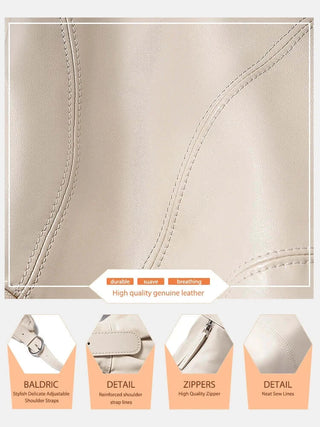 Close-up of beige handmade women's genuine leather with detailed stitching and zippers for stylish hobo shoulder bag.