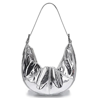 Silver handmade women's genuine leather hobo shoulder bag, stylish and spacious for everyday essentials.