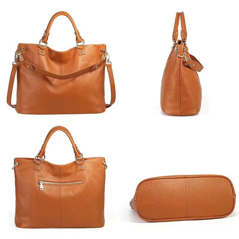 Handmade women's genuine leather tote bag in tan, spacious shoulder bag with zipper closure and sequined details.