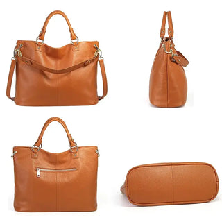 Handmade women's genuine leather tote bag in tan, spacious shoulder bag with zipper closure and sequined details.