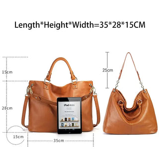 Handmade women's genuine leather tote bag in brown with dimensions 35x28x15CM, featuring spacious design and functional compartments.
