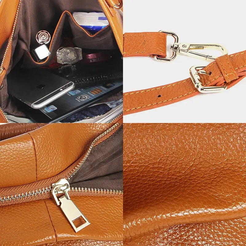 Handmade women’s genuine leather tote bag interior and strap details in warm brown color with zipper and pockets.