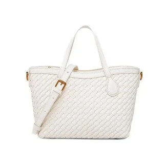 Handmade woven tote bag in white, featuring a zipper closure and soft PU material for everyday elegance.