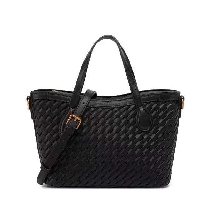 Handmade black woven tote bag with zipper closure and adjustable strap for everyday elegance.
