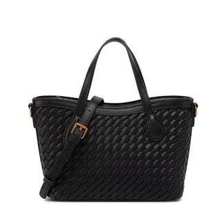 Handmade black woven tote bag with zipper closure and adjustable strap for everyday elegance.