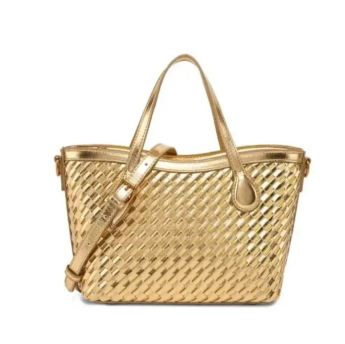 Handmade woven tote bag in gold color, featuring zipper closure and artisanal weaving texture for everyday elegance.