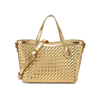 Handmade woven tote bag in gold color, featuring zipper closure and artisanal weaving texture for everyday elegance.