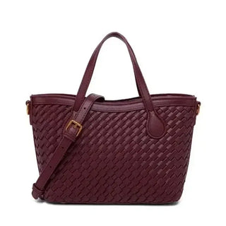 Handmade woven tote bag in burgundy color, featuring zipper closure and adjustable strap for stylish everyday use.