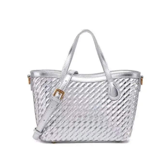 Handmade woven tote bag silver color, durable PU material, stylish and practical zipper closure, ideal for everyday use.