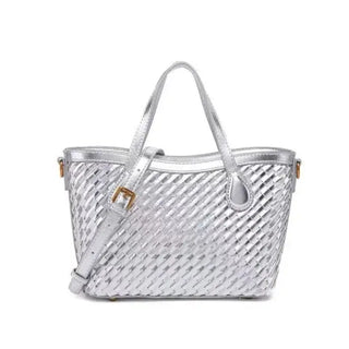 Handmade woven tote bag silver color, durable PU material, stylish and practical zipper closure, ideal for everyday use.