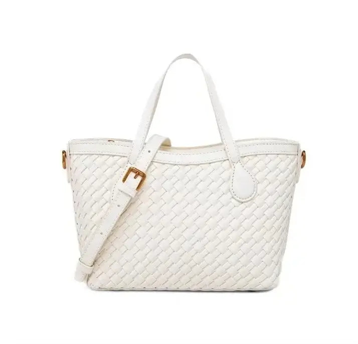 Handmade woven tote bag in white, crafted from durable PU material with zipper closure and artisanal texture.