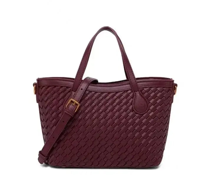 Handmade woven tote bag in burgundy color, featuring durable PU material and zipper closure for secure daily use.