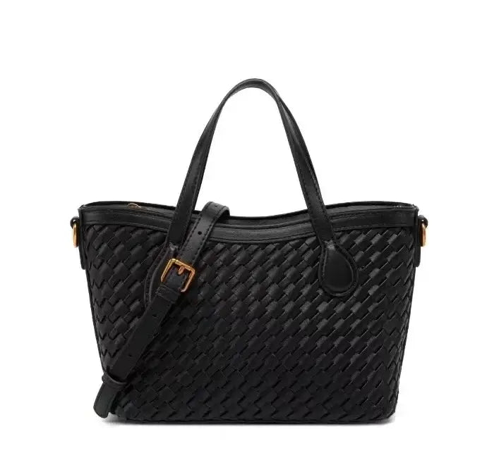 Handmade black woven tote bag with zipper closure and adjustable strap, crafted from durable PU material.