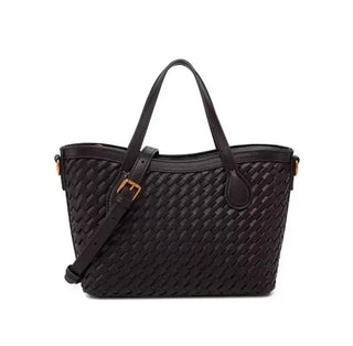 Handmade black woven tote bag with zipper closure and adjustable shoulder strap for everyday elegance.