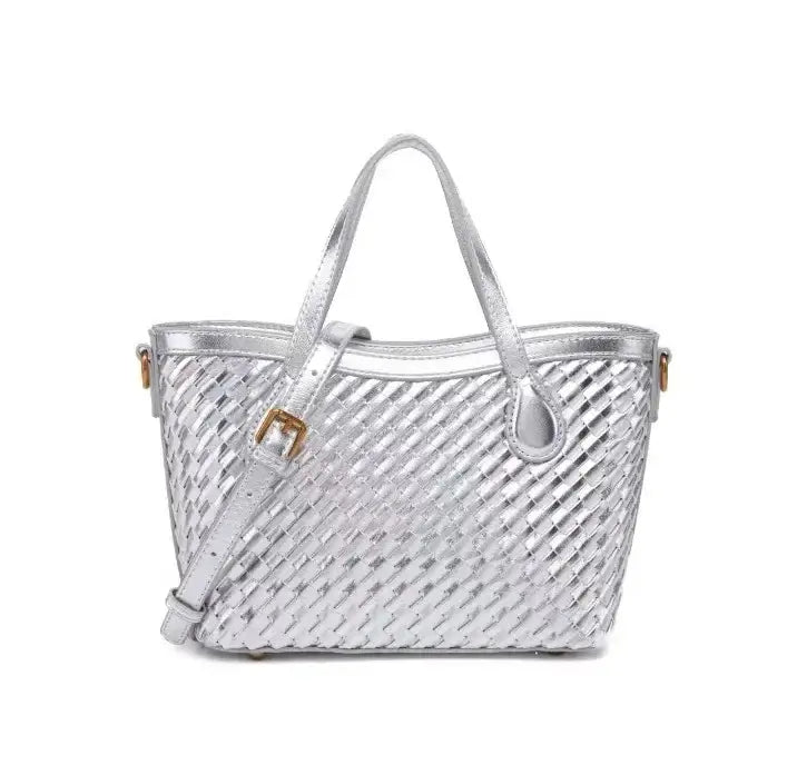 Handmade woven tote bag in silver, featuring zipper closure and durable PU material for everyday elegance.