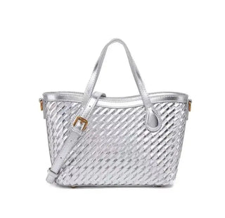 Handmade woven tote bag in silver, featuring zipper closure and durable PU material for everyday elegance.
