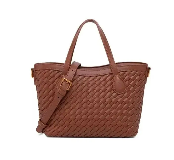Handmade woven tote bag in brown, crafted from durable PU material with zipper closure for secure everyday use.
